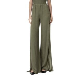 Akris 100% Silk Olive Wide Leg Palazzo Pants Elastic Waist Designer US 12